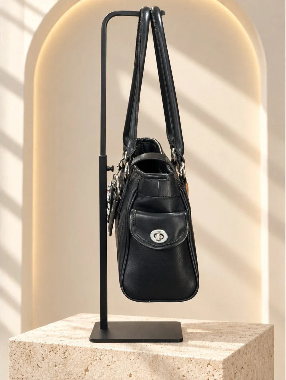 Coach Leather Medium Tote Bag Black with Heart Charm Shoulder Handbag